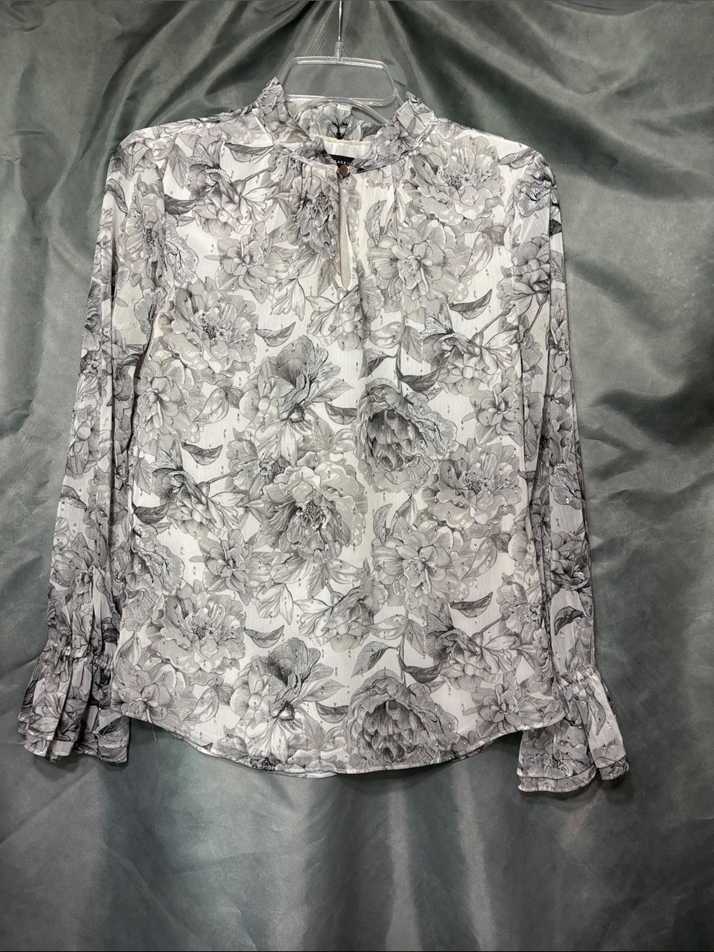 White House Black Market Gray Floral Ruffle-Neck Blouse